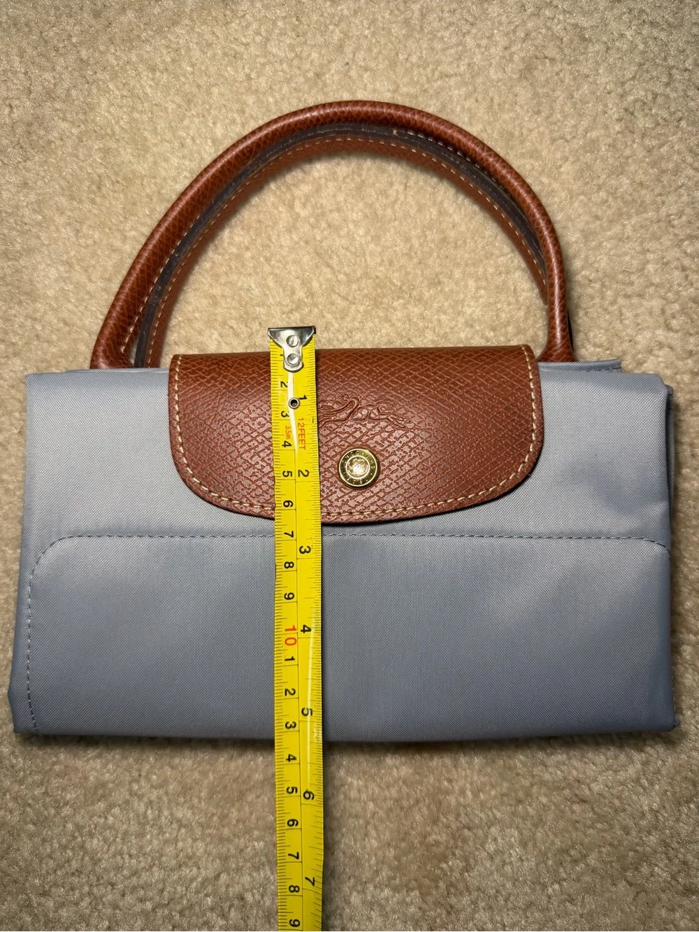 Longchamp Le Pliage Women's Tote Bag in Light Blue with Brown Trim - Picture 8 of 12